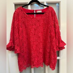 Nanette Lepore Formal Scarlet Dark Pink Lace Floral Ruffle Blouse Plus Size 4X